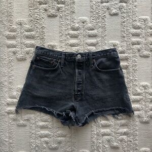 Re/Done Dark Denim Frayed Jean Shorts